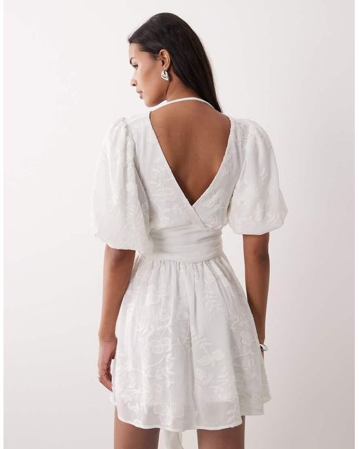 Gina Tricot Natural Embroidered Mini Dress With Puff Sleeves