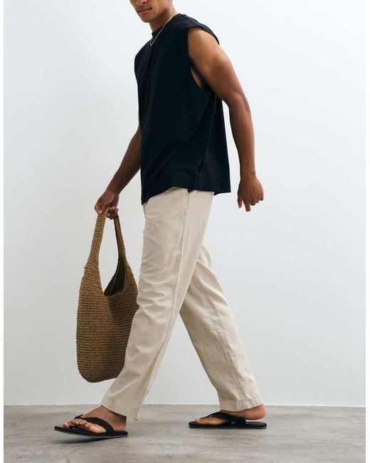 Jack & Jones Natural Linen Mix Trousers With Drawstring for men