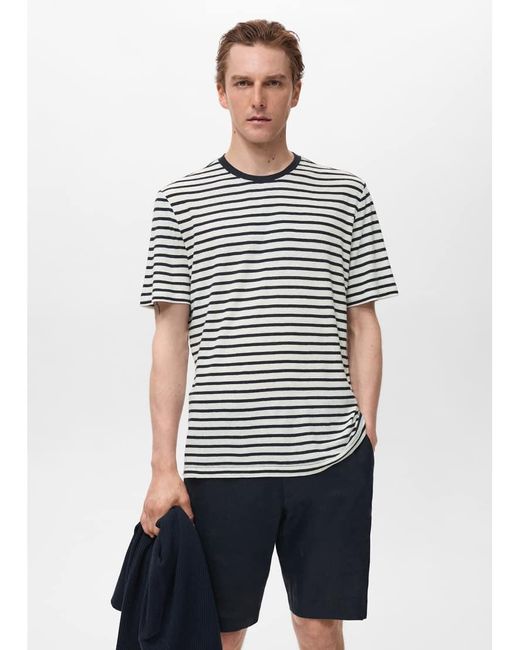 Camiseta A Rayas De Mezcla De Lino De Mango de hombre de color Blue