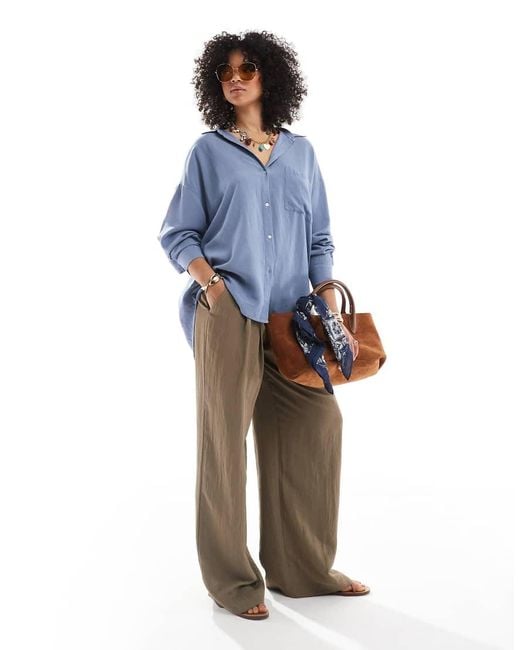 Pull&Bear Oversized Overhemd Van Linnenmix in het Blue