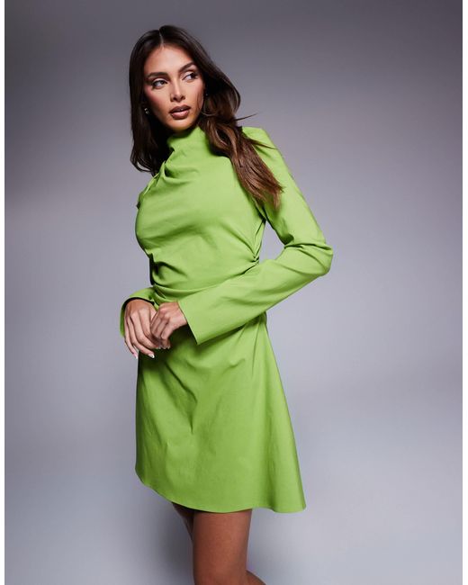 ASOS Green Bengaline High Neck Long Sleeve Mini Dress With Ruching Detail