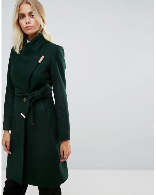 Ted Baker Green Long Wrap Coat With Collar