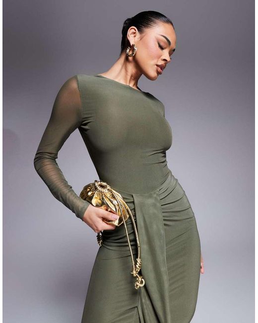 ASOS Maxi Jurk Van Mesh Met Lange Mouwen, Rechte Hals, Open Achterkant En Sjerp in het Green
