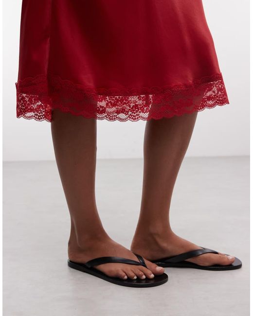 Reclaimed Vintage Red Satin Awkward Length Skirt With Lace Trim