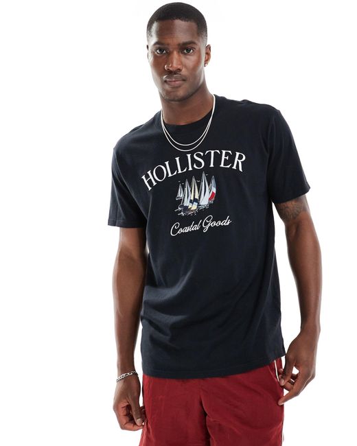 Coastal tech - t-shirt comoda nera con logo ricamato di Hollister in Black da Uomo