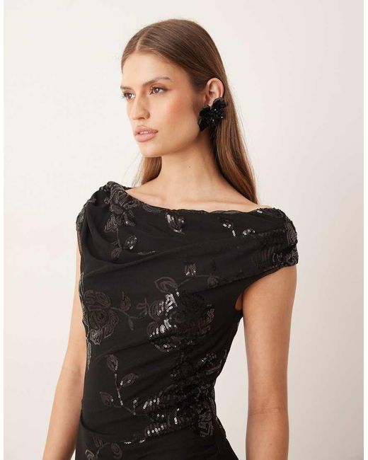 Gina Tricot Natural Fallen Off One Shoulder Asymmetric Sequin Maxi Dress