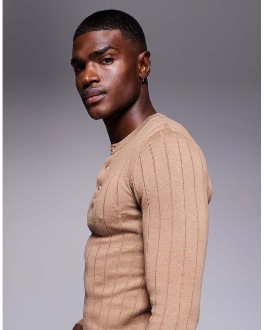 ASOS Gray Muscle Fit Long Sleeve Knitted Rib Henley Neck T-shirt for men
