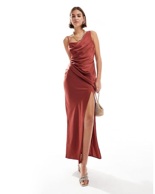 ASOS Red Satin Asymmetric Shoulder Drape Bodice Maxi Dress With Side Split