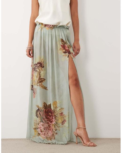 ASOS Natural Printed Mesh Paperbag Maxi Skirt