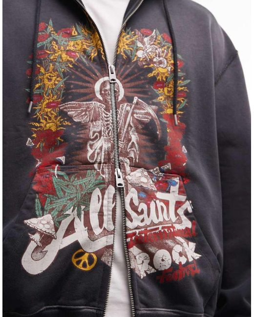 AllSaints Black Roque Graphic Logo Zip Through Hoodie for men