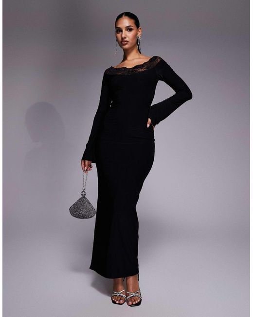 Exclusivité - - robe longue près du corps à manches évasées avec encolure bardot et bordure en dentelle Fashionkilla en coloris Blue