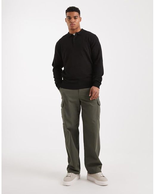 New Look Black Knitted Polo Top for men