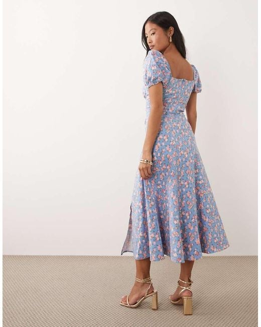 New Look Blue Floral Bouquet Milkmaid Midi Dress