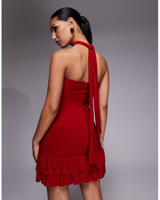 Kaiia Red Exclusive Double Laye Slinky Scarf Detail Strapless Ruffle Hem Mini Dress