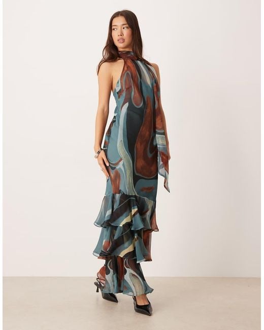 ASOS White Chiffon Halter Neck Maxi Dress With Scarf Detail