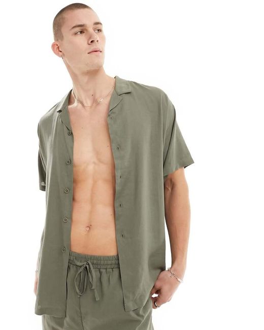 South Beach Green Short Sleeve Linen Blend Beach Shirt for men