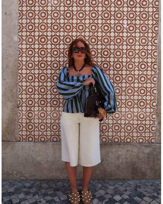 Labelrail Brown X Rebecca Olivia Mutton Sleeve Bold Stripe Blouse