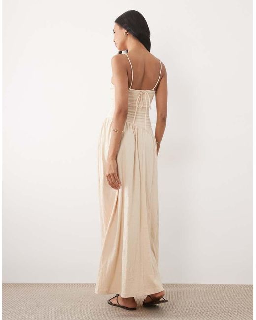 ASOS Natural Crinkle Cami Tie Back Midi Dress With Asymmetric Waist