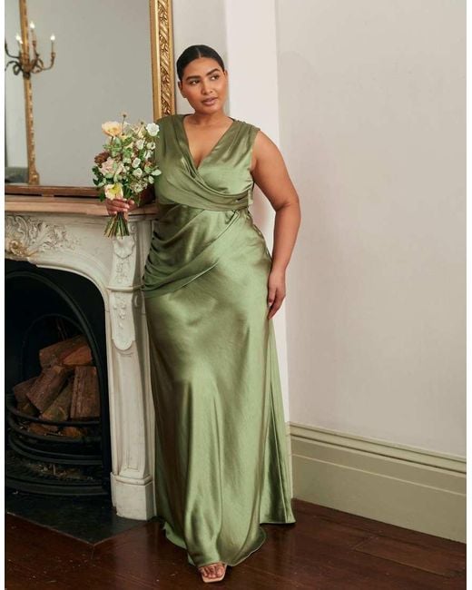 Six Stories Green Bridesmaid Satin Cowl V Neck Maxi Dress