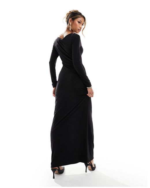 Fashionkilla Black Slinky Square Neck Bow Detail Maxi Dress