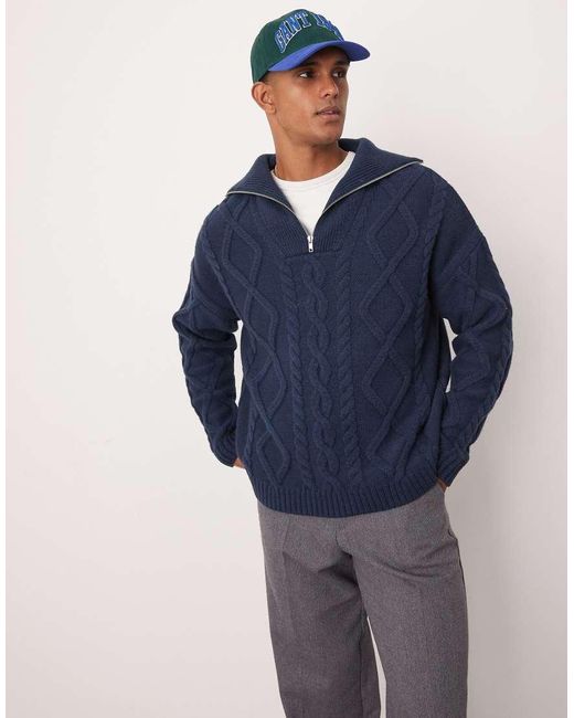 ASOS Oversized Gebreide Trui Van Zware Wolmix Met Kabels En Korte Rits in het Blue voor heren