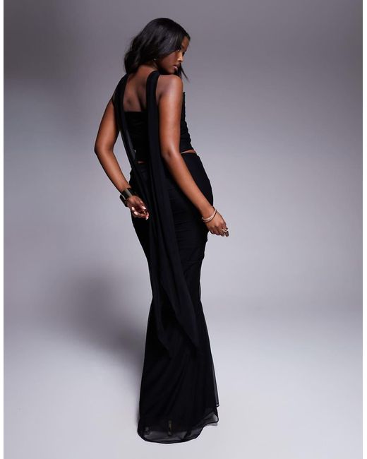 House Of Cb Blue Cassidy Mesh Maxi Skirt With Fluted Hem