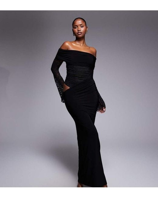 Kaiia Blue Exclusive Double Layered Slinky Lace Off The Shoulder Maxi Dress