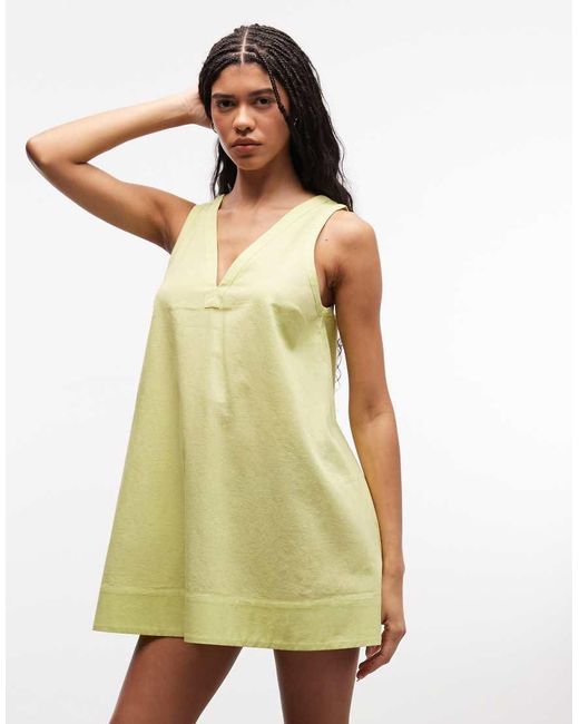 ASOS Yellow Cotton Linen V Neck Smock Mini Dress