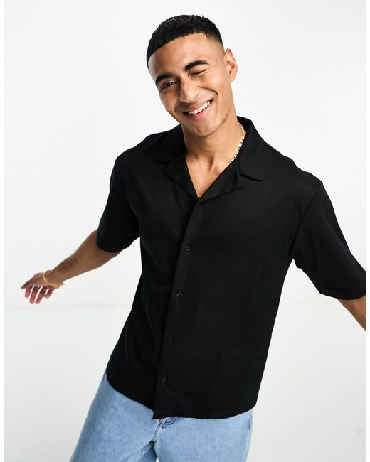 River Island Black Jersey Revere Collar Shirt for men