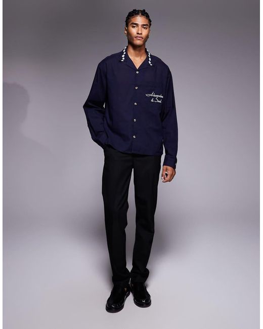 ASOS Blue Revere Shirt With Placement Print And Embroidery for men