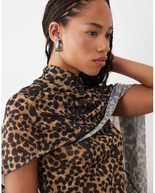 ASOS Brown Sheer Mesh Asymmetric Cape Shoulder Top