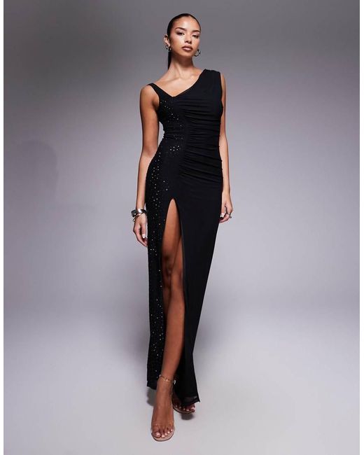 AFRM Blue Hotfix Drape Detail Asymmetric Strap Thigh Split Maxi Dress