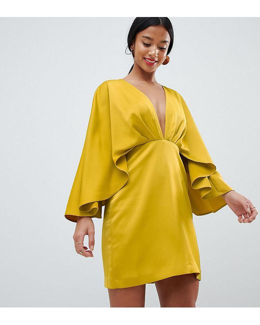 ASOS Yellow Asos Design Satin Cape Kimono Sleeve Deep Plunge Mini Dress