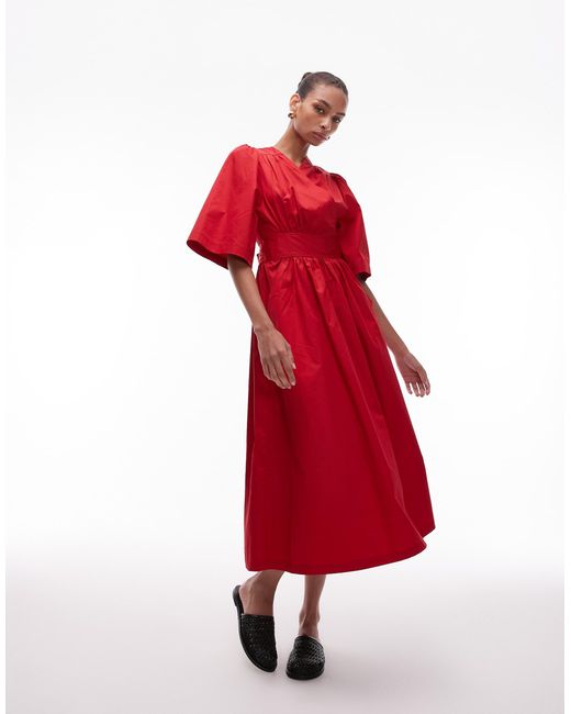 Robe longueur mollet en popeline coupe cache-cœur et manches bouffantes & Other Stories en coloris Red