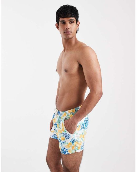 Aray White Lemon Print Swim Shorts for men