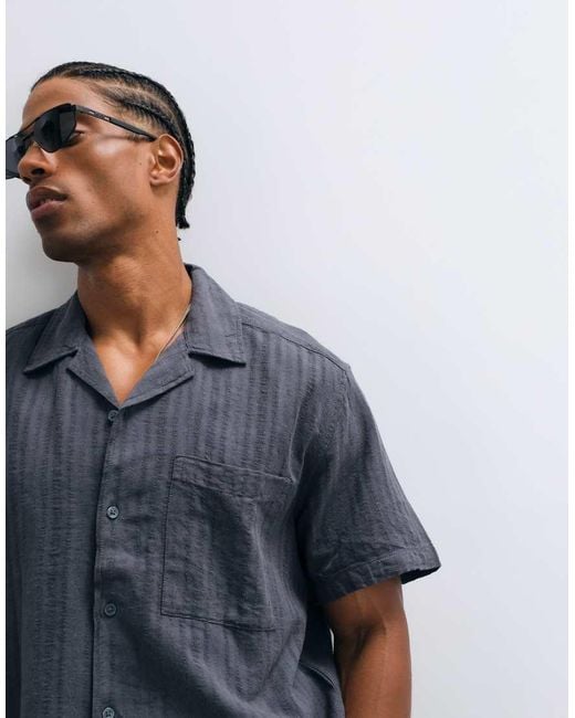 Only & Sons Blue Linen Blend Textured Short Sleeve Shirt for men