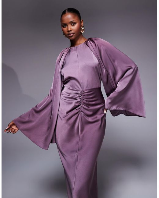 ASOS Purple Satin Long Sleeve Maxi Dress With Central Ruched Skirt