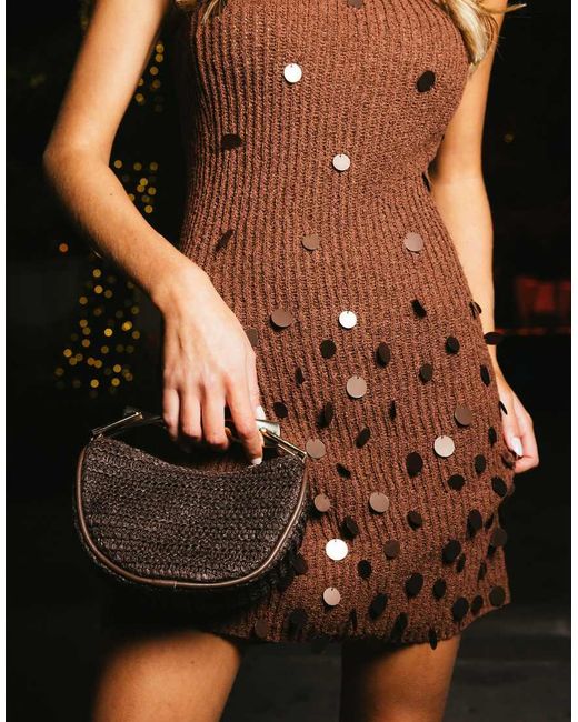 South Beach Brown Bandeau Knitted Mini Beach Dress With Sequin Detail