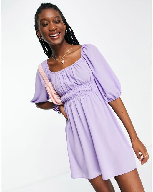 ASOS Ruched Square Neck Mini Dress With Puff Sleeves in Purple