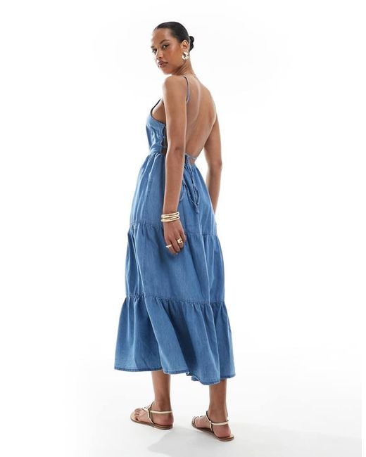 ONLY Blue Tiered Midaxi Cami Dress With Open Back