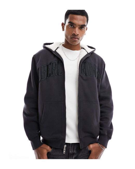Abercrombie & Fitch Blue Oversized Sherpa Lined Chest Logo Full Zip Hoodie for men