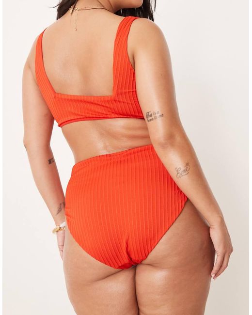 ASOS Red Asos Design Curve Riddy Rib High Leg High Waist Bikini Bottom