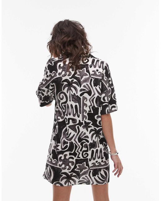 TOPSHOP White – kurzes souvenir-hemdblusenkleid mit schwarzweißem print