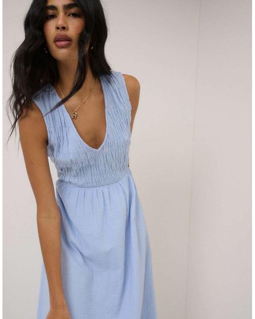 Nobody's Child Blue Ruched Sleeveless Audrey Midi Dress