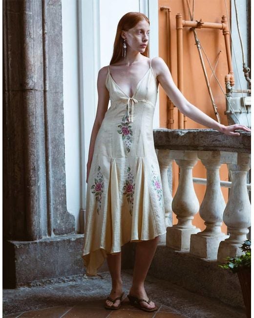 Muse Assembly White Eleonor Drop Waist Embroidered Midi Dress