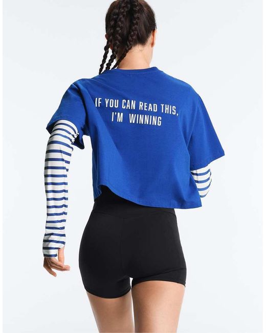 Oysho Blue Boxy Cropped "If You Can Read This" Cotton Blend T-Shirt