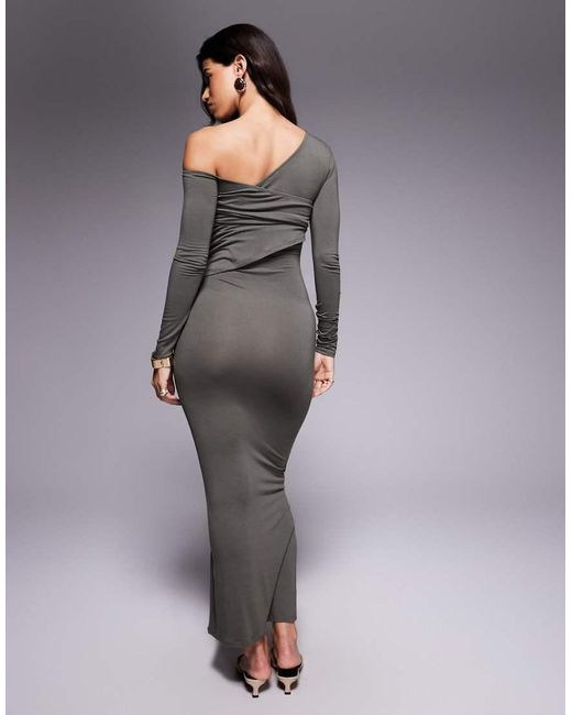 Vestito Midi Con Spalla Scesa A Doppio Strato Kaki di ASOS in Gray