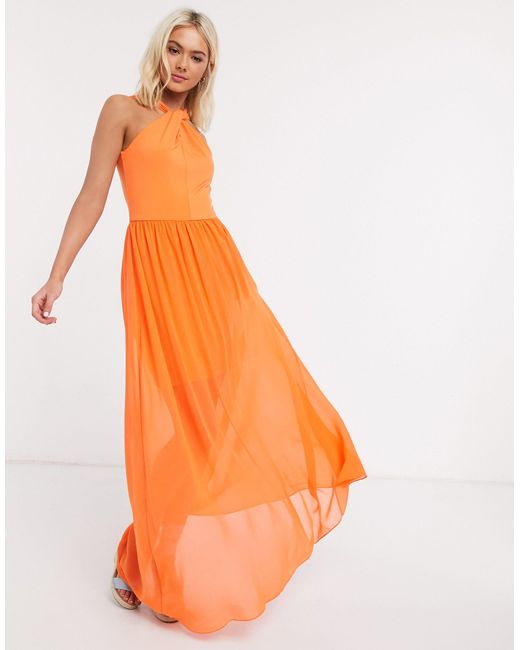 Twist Halter Maxi Dress in Orange 