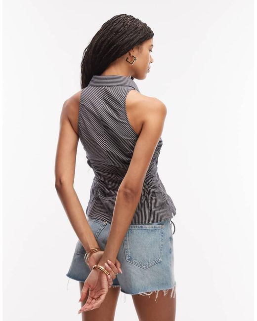 & Other Stories Blue Rich Cotton Sleeveless Ruched Halterneck Top