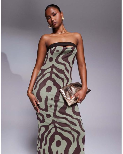Vestito Midi A Fascia Stampato Con Scollo A Contrasto E Dettaglio Drappeggiato di ASOS in Gray